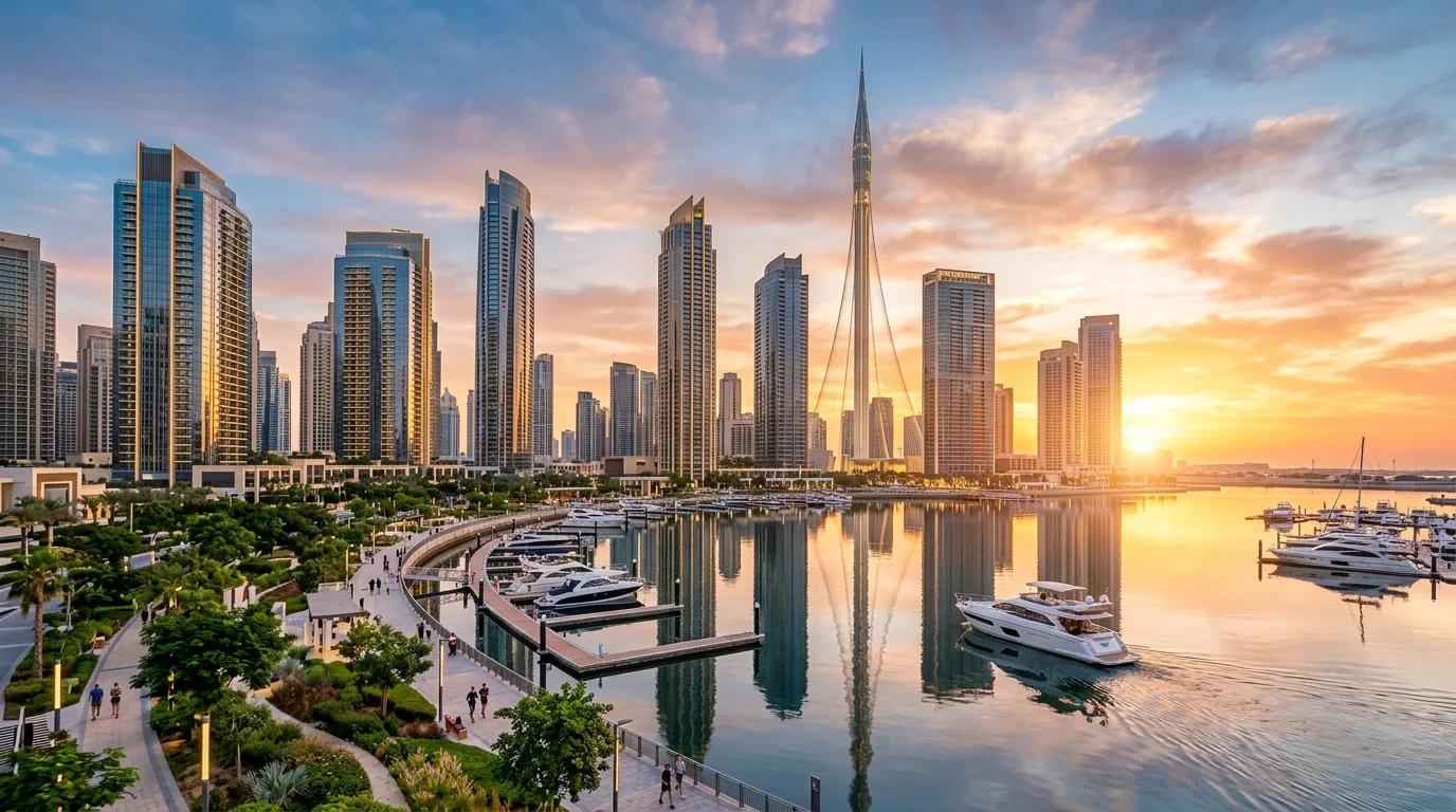 Dubai Creek Harbour towers and marina promenade